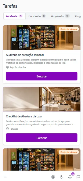 Interface da Greeta no celular: tarefas do dia do executor da loja, com o botão de execução.