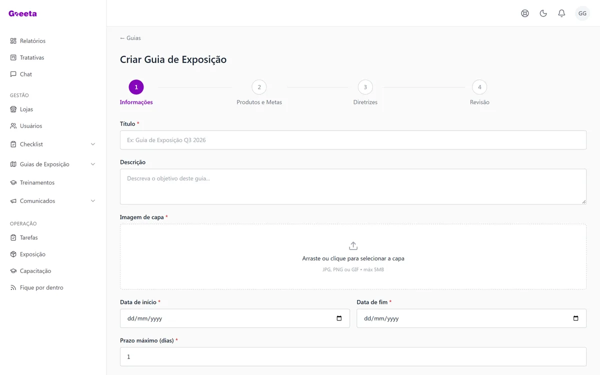 Interface da Greeta: montagem de um guia de exposição com espaços, produtos e metas por espaço.