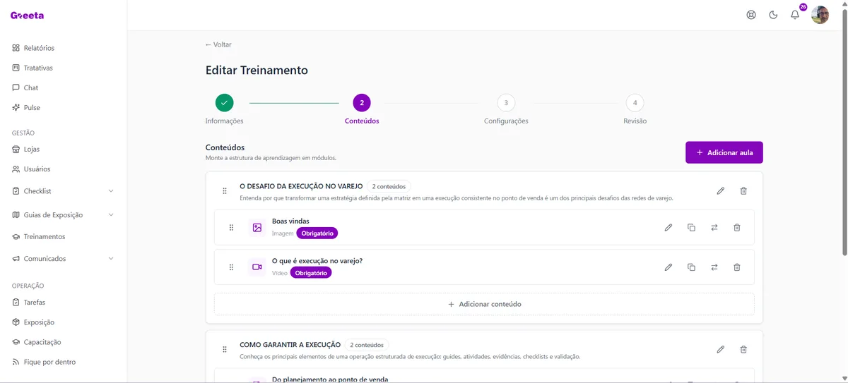 Interface da Greeta: lista de treinamentos publicados pela matriz, com status e conclusão.