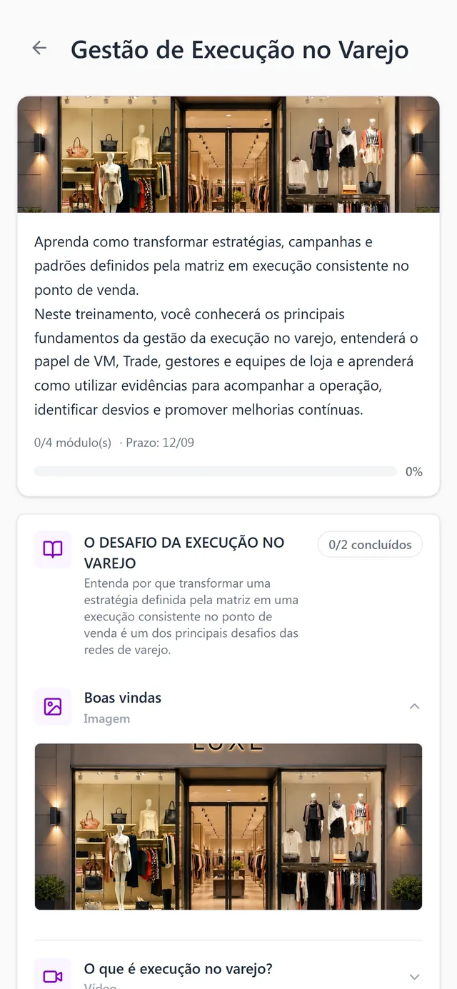 Interface da Greeta no smartphone: treinamento aberto pela equipe da loja, com conteúdo e quiz.